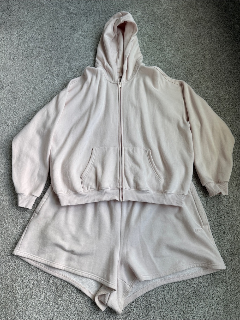 SKIMS Pale Blush Zip Hoodie and Shorts Set